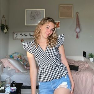 J. Crew size 0 back and white blouse, side zipper and tie around waist